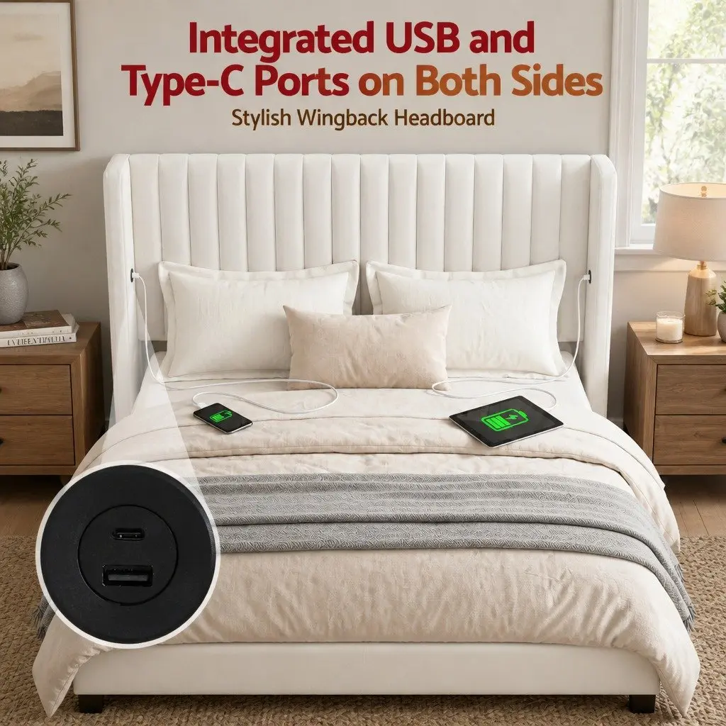 Velvet Double Bed Frame with Storage & USB Charging
