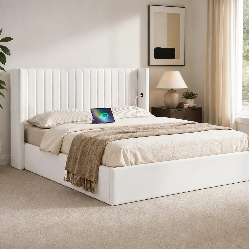 Velvet Double Bed Frame with Storage & USB Charging