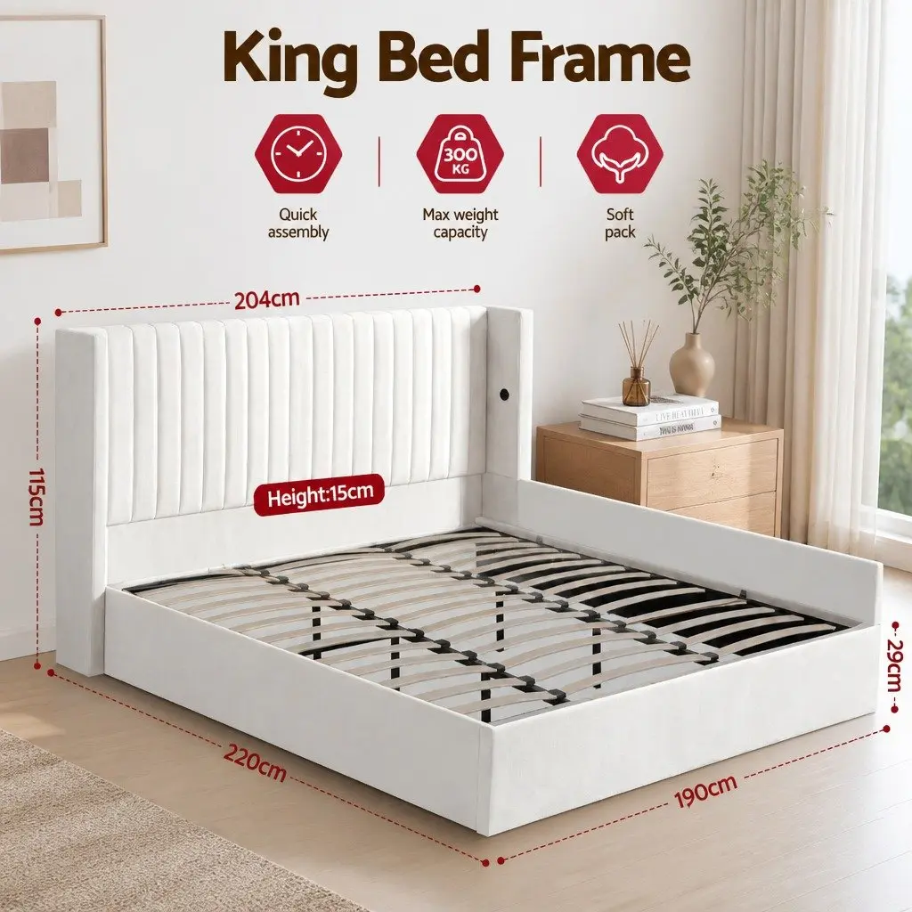 King Bed Frame Velvet Gaslift Storage Dual USB Type-C Charging Ports 204W x 220L x 115H cm