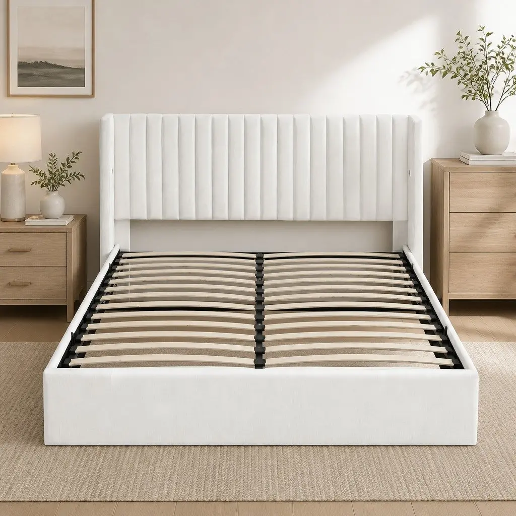 King Bed Frame Velvet Gaslift Storage Dual USB Type-C Charging Ports 204W x 220L x 115H cm