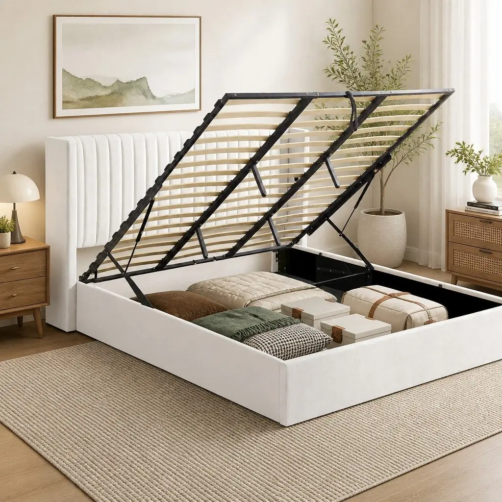 King Bed Frame Velvet Gaslift Storage Dual USB Type-C Charging Ports 204W x 220L x 115H cm