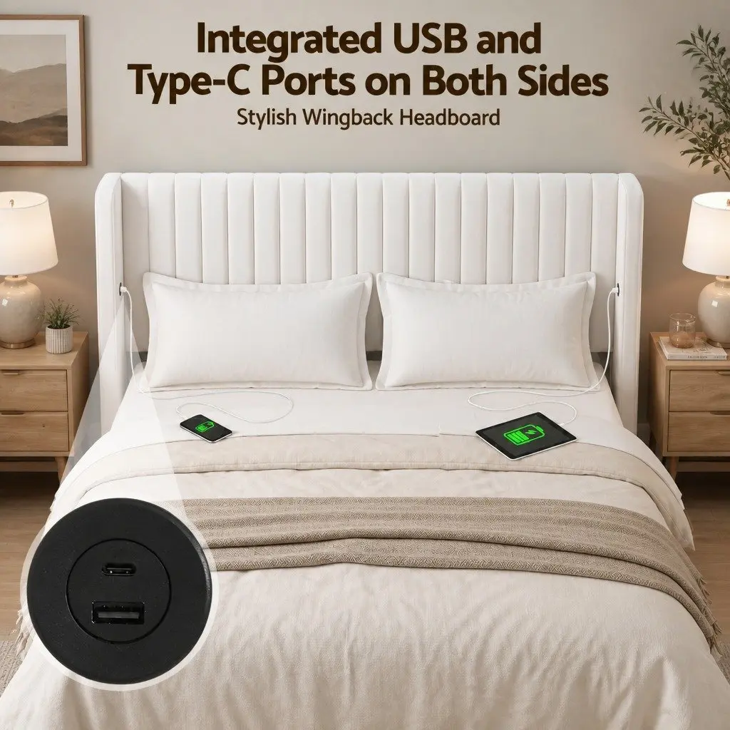 King Bed Frame Velvet Gaslift Storage Dual USB Type-C Charging Ports 204W x 220L x 115H cm