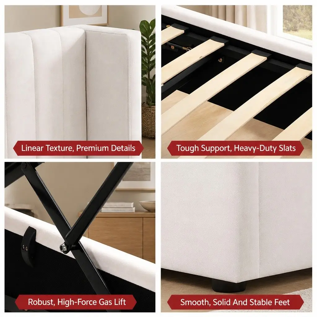 King Bed Frame Velvet Gaslift Storage Dual USB Type-C Charging Ports 204W x 220L x 115H cm