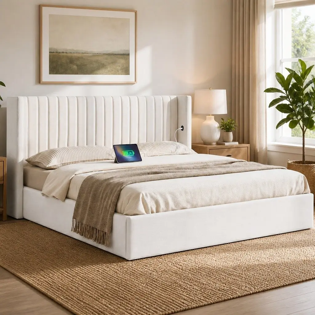 King Bed Frame Velvet Gaslift Storage Dual USB Type-C Charging Ports 204W x 220L x 115H cm