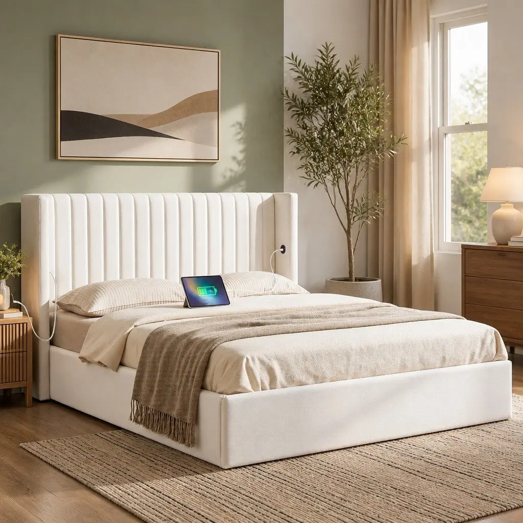 Queen Bed Frame Velvet Gaslift Storage Dual USB Type-C Charging Ports