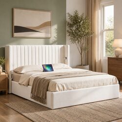 Velvet Queen Bed Frame with Gaslift Storage & Charging