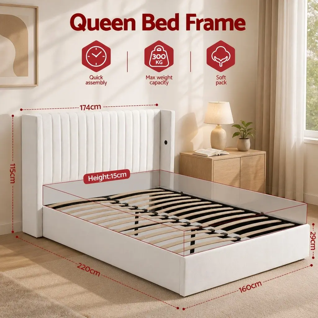 Queen Bed Frame Velvet Gaslift Storage Dual USB Type-C Charging Ports