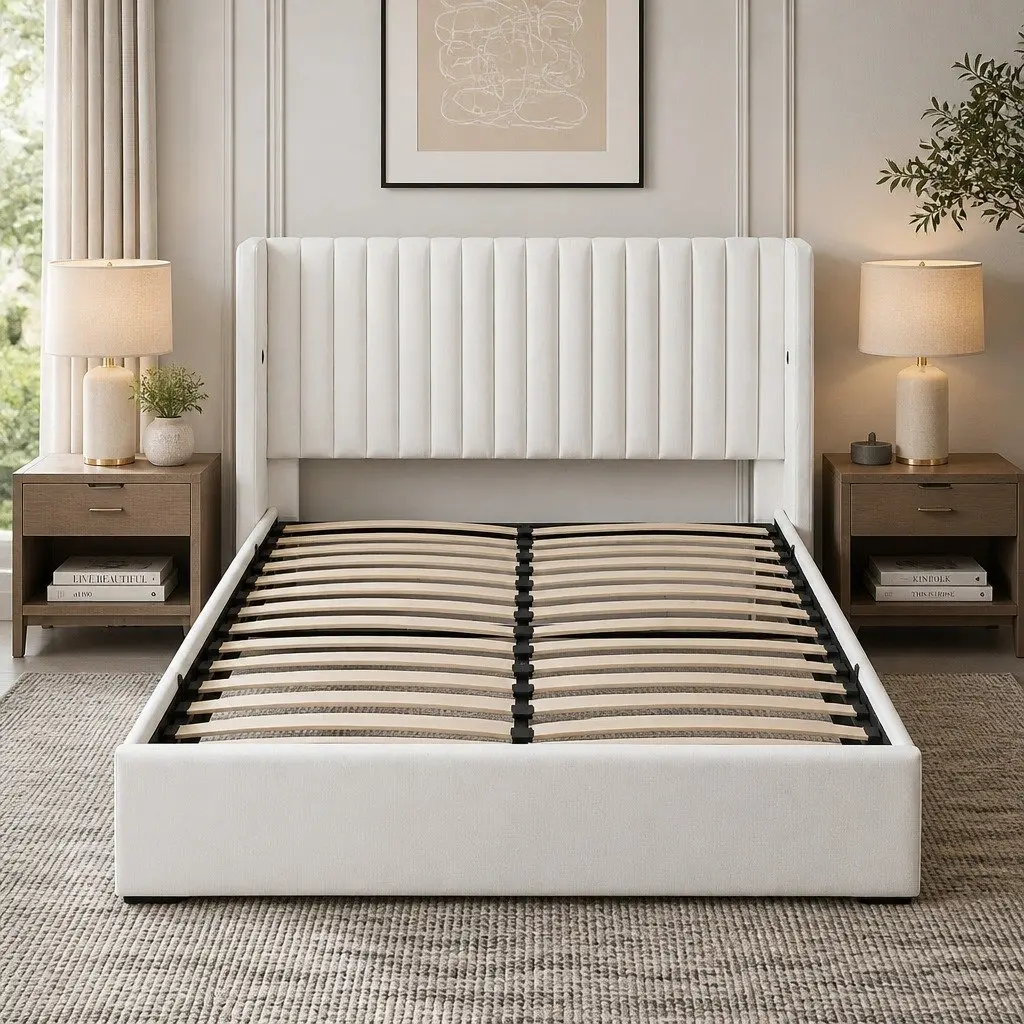 Queen Bed Frame Velvet Gaslift Storage Dual USB Type-C Charging Ports