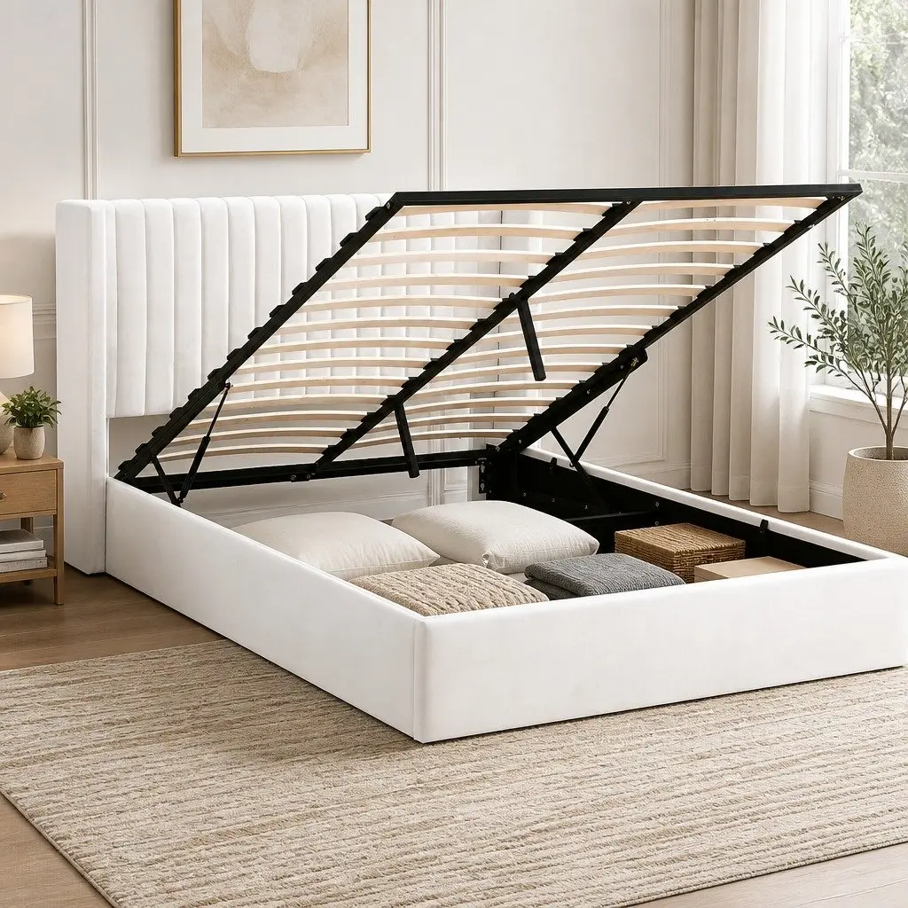 Queen Bed Frame Velvet Gaslift Storage Dual USB Type-C Charging Ports