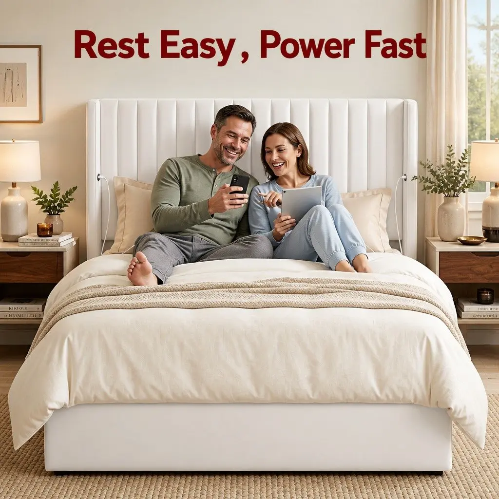 Queen Bed Frame Velvet Gaslift Storage Dual USB Type-C Charging Ports