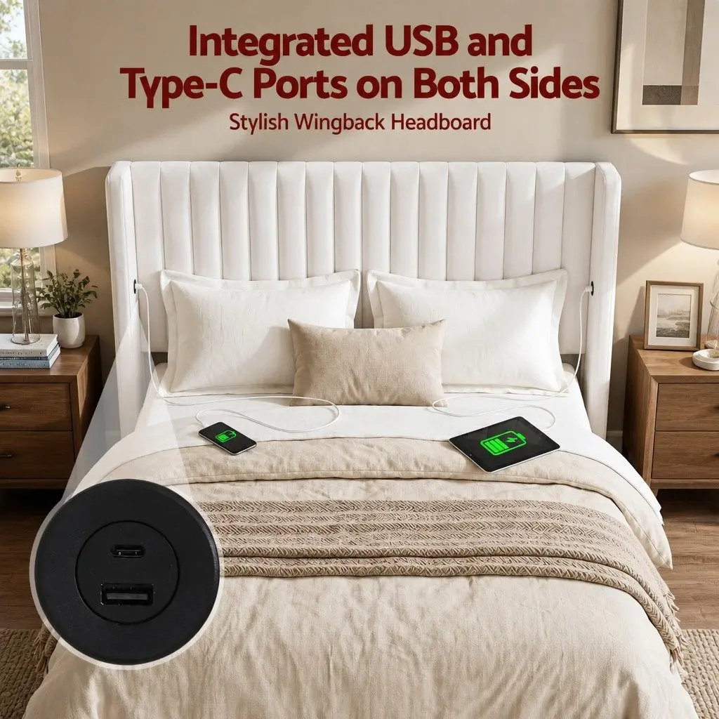 Queen Bed Frame Velvet Gaslift Storage Dual USB Type-C Charging Ports