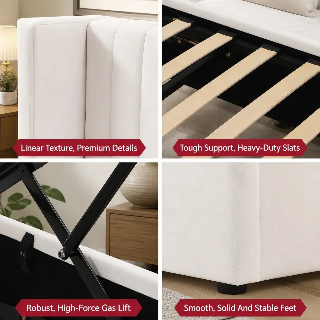 Queen Bed Frame Velvet Gaslift Storage Dual USB Type-C Charging Ports