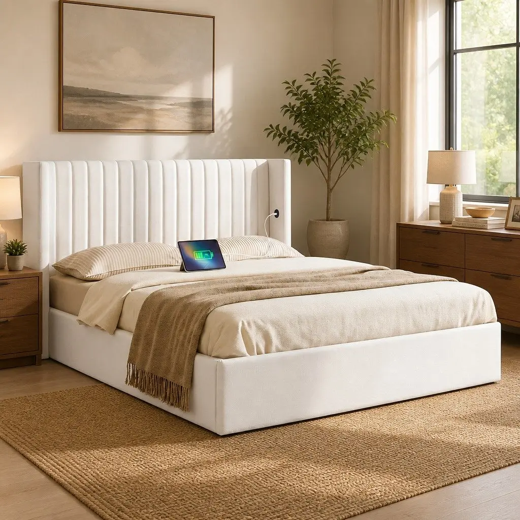 Queen Bed Frame Velvet Gaslift Storage Dual USB Type-C Charging Ports