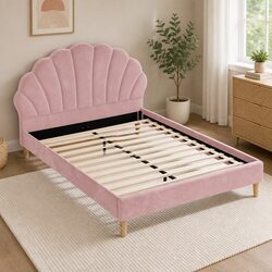 Scallop Pink Velvet Double Bed Frame with Wooden Base