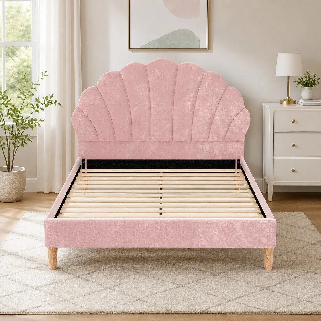 Double Bed Frame Scallop Pink Velvet Fabric Wooden Base Bedroom Furniture