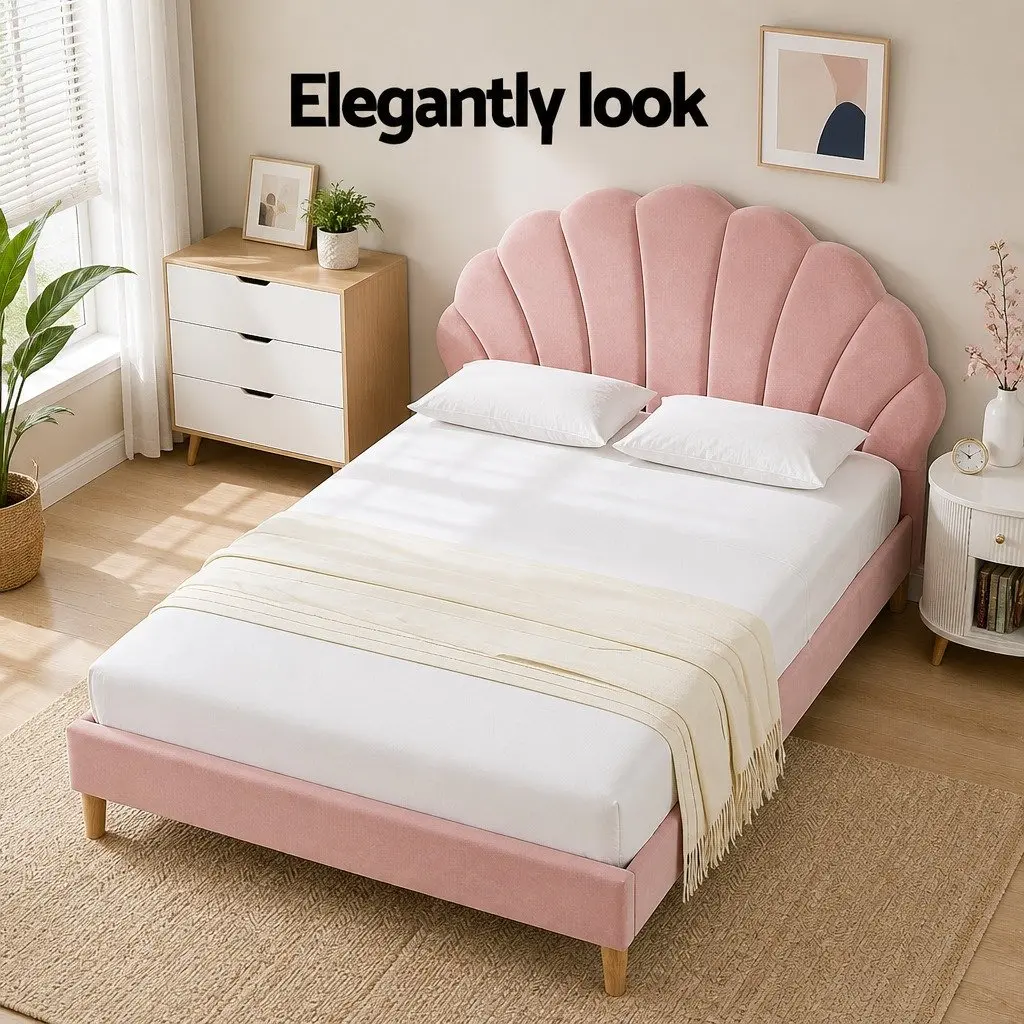 Double Bed Frame Scallop Pink Velvet Fabric Wooden Base Bedroom Furniture