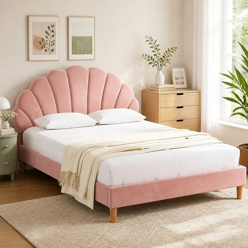 Double Bed Frame Scallop Pink Velvet Fabric Wooden Base Bedroom Furniture