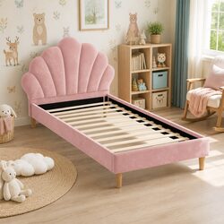 Scallop Upholstered King Single Bed Frame in Pink Velvet