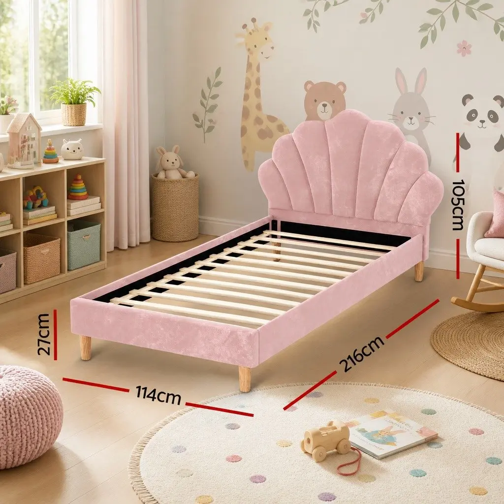 Scallop Upholstered King Single Bed Frame in Pink Velvet
