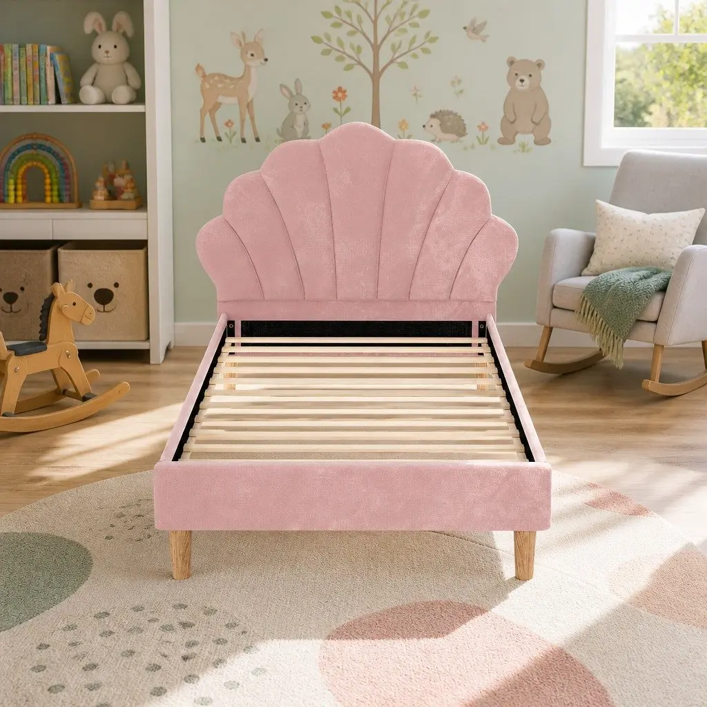 Scallop Upholstered King Single Bed Frame in Pink Velvet