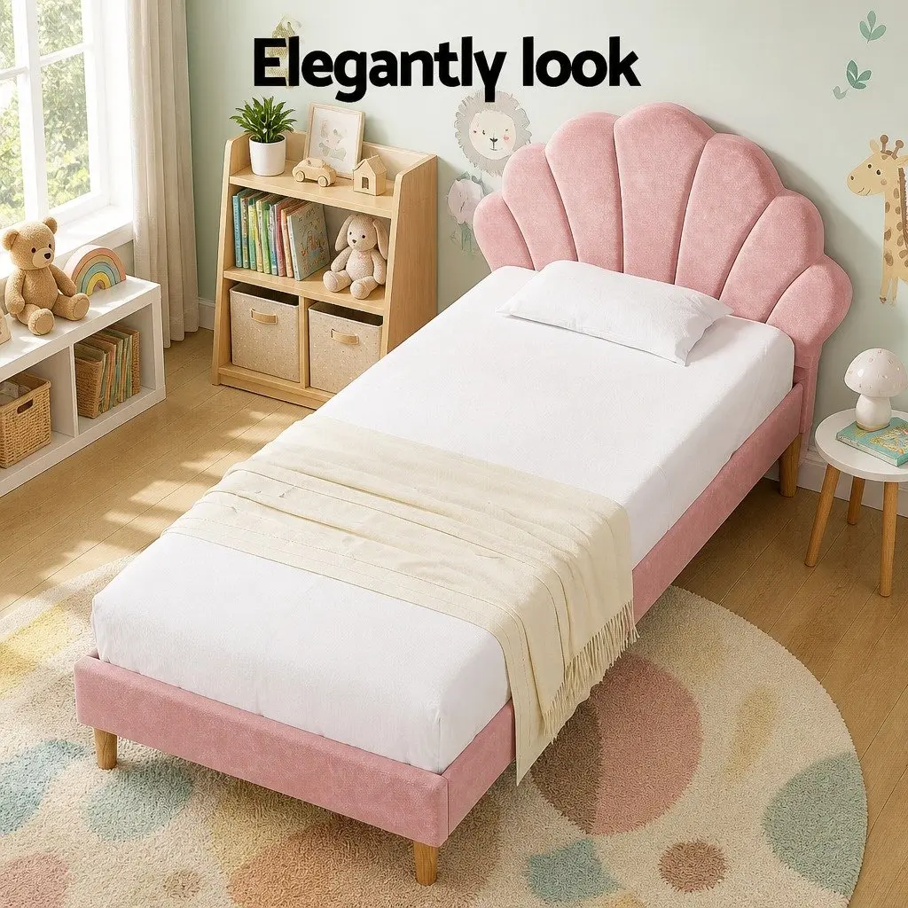 Scallop Upholstered King Single Bed Frame in Pink Velvet