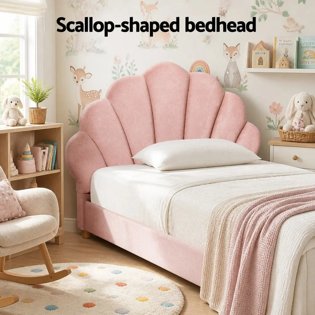 Scallop Upholstered King Single Bed Frame in Pink Velvet