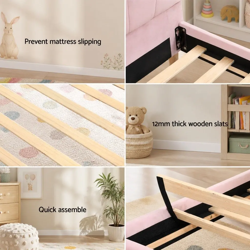 Scallop Upholstered King Single Bed Frame in Pink Velvet