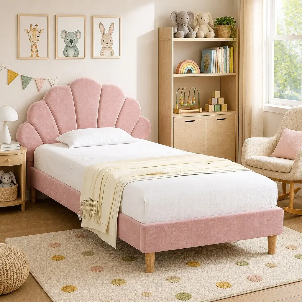 Scallop Upholstered King Single Bed Frame in Pink Velvet