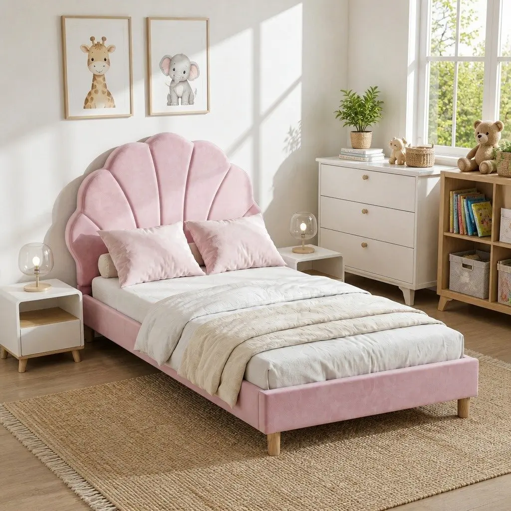 Scallop Upholstered Headboard Single Bed Frame in Pink