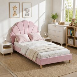 Scallop Upholstered Headboard Single Bed Frame in Pink