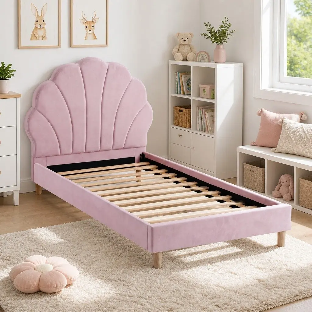 Scallop Upholstered Headboard Single Bed Frame in Pink