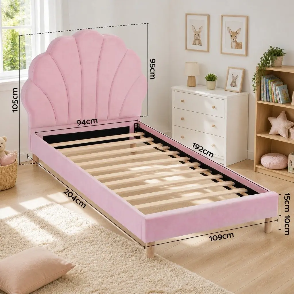 Scallop Upholstered Headboard Single Bed Frame in Pink