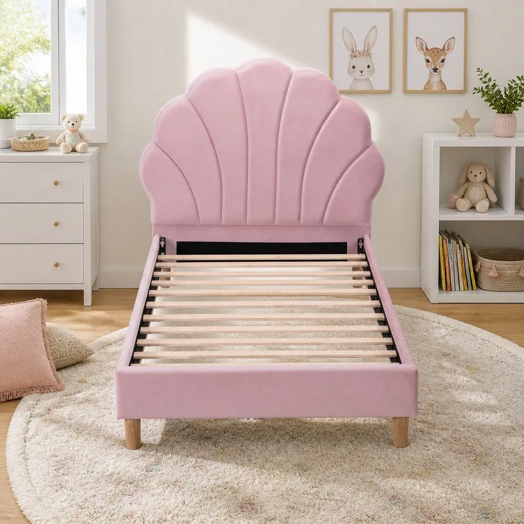 Scallop Upholstered Headboard Single Bed Frame in Pink