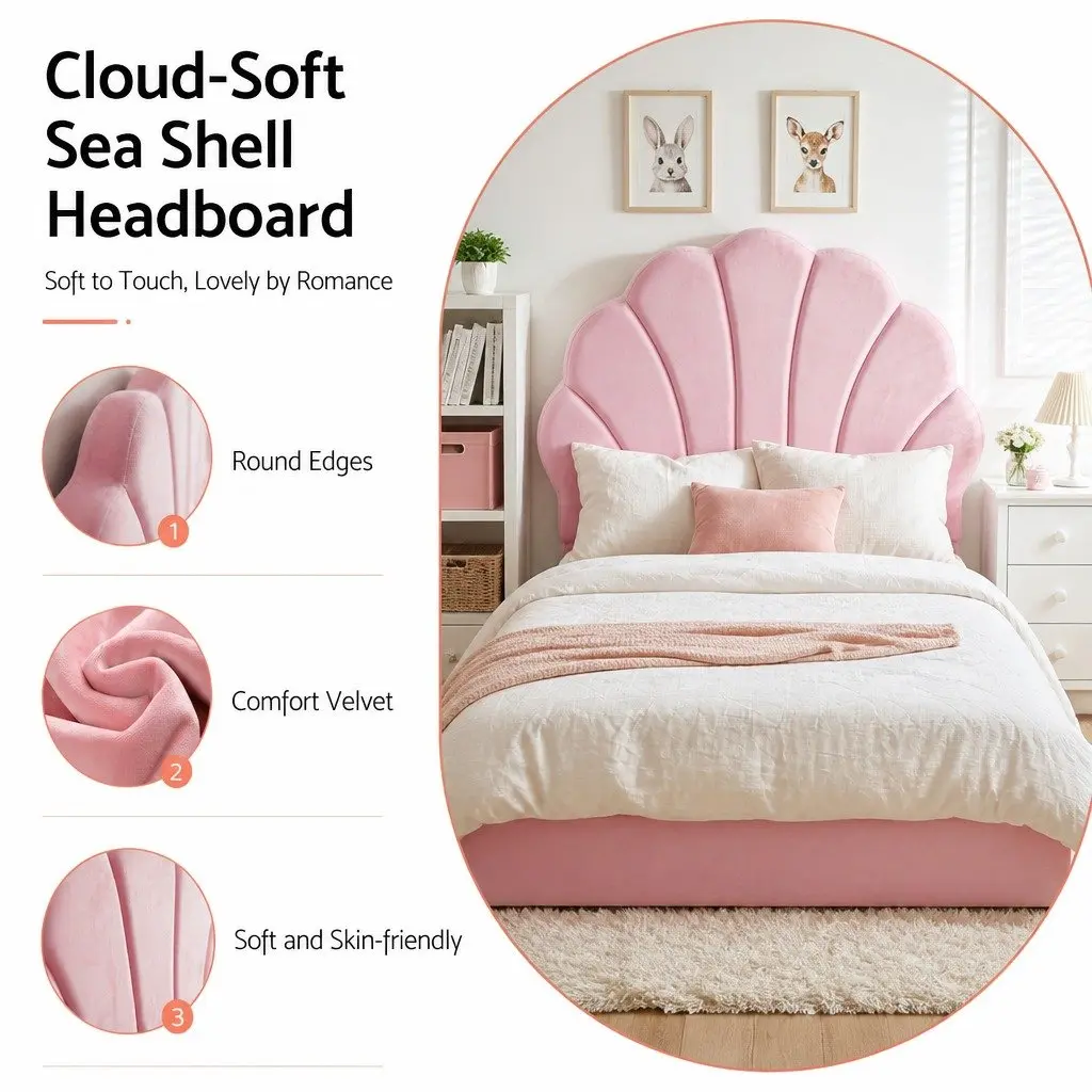 Scallop Upholstered Headboard Single Bed Frame in Pink
