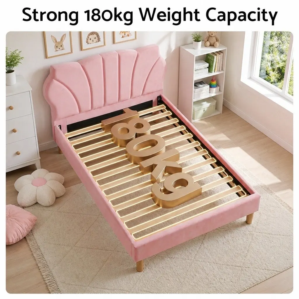 Scallop Upholstered Headboard Single Bed Frame in Pink