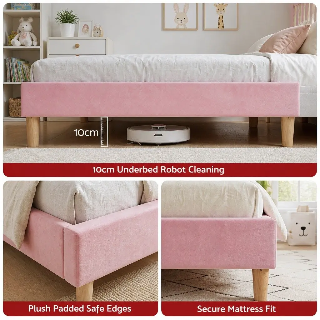 Scallop Upholstered Headboard Single Bed Frame in Pink
