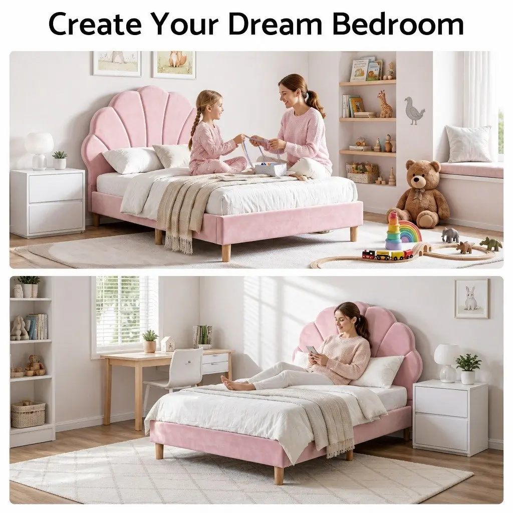 Scallop Upholstered Headboard Single Bed Frame in Pink