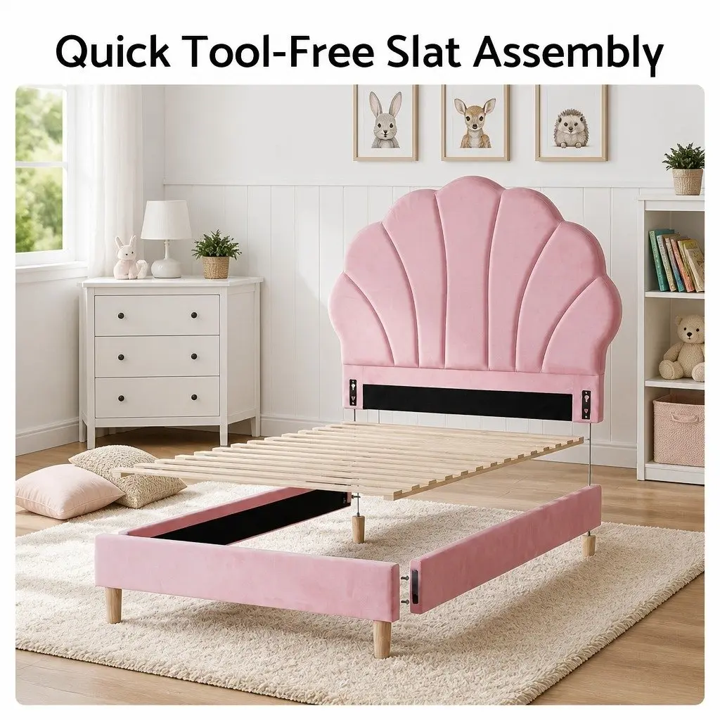 Scallop Upholstered Headboard Single Bed Frame in Pink