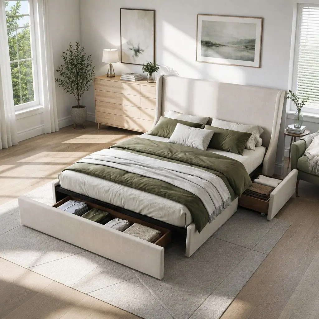 Double Upholstered Bed Frame with Wingback Headboard