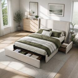 Double Upholstered Bed Frame with Wingback Headboard