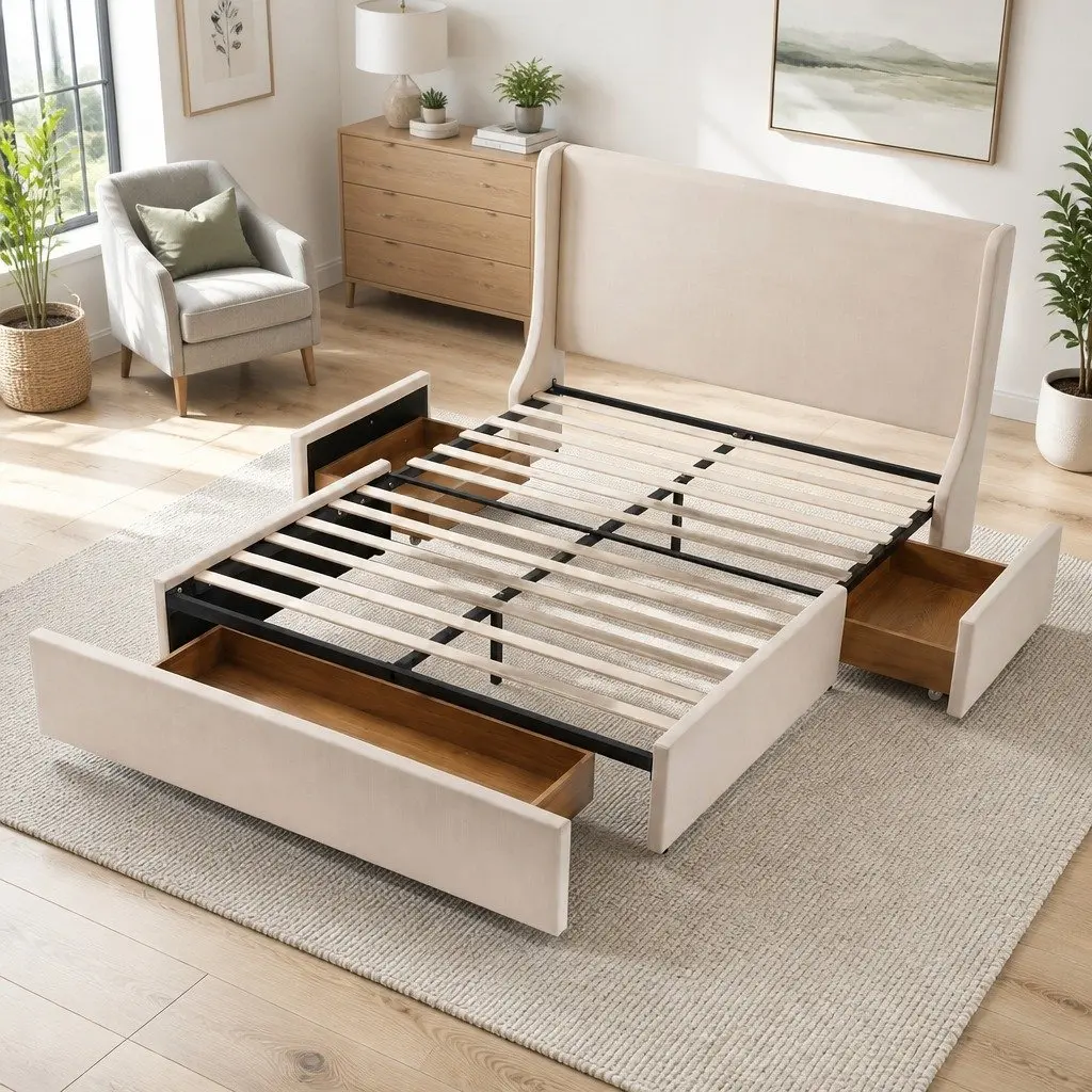 Double Upholstered Bed Frame Wingback Headboard with 3 Storage Drawers Metal and Wood Construction Beige