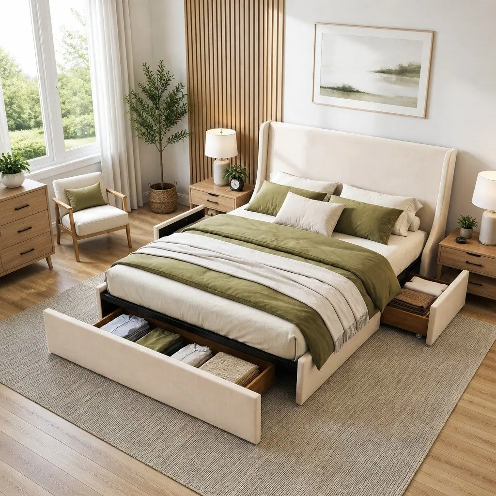 Double Upholstered Bed Frame Wingback Headboard with 3 Storage Drawers Metal and Wood Construction Beige