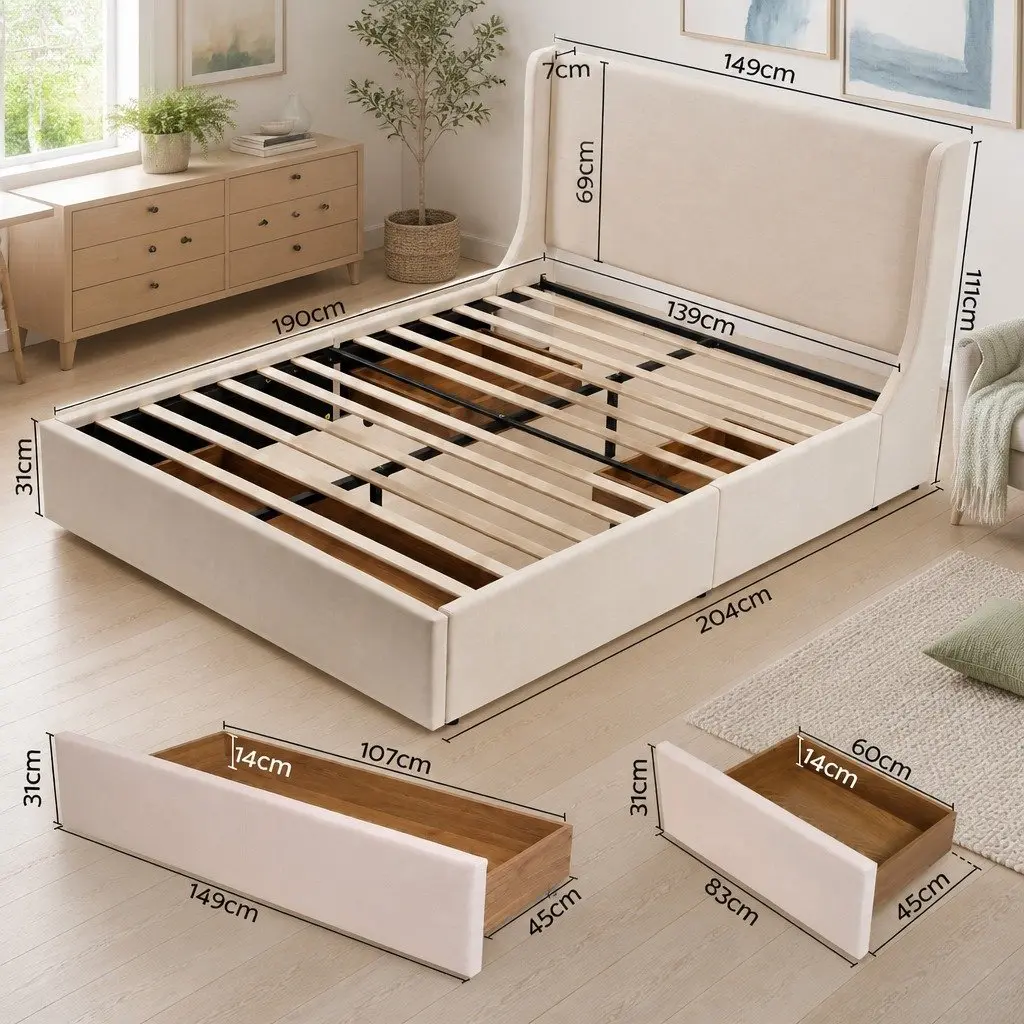 Double Upholstered Bed Frame Wingback Headboard with 3 Storage Drawers Metal and Wood Construction Beige