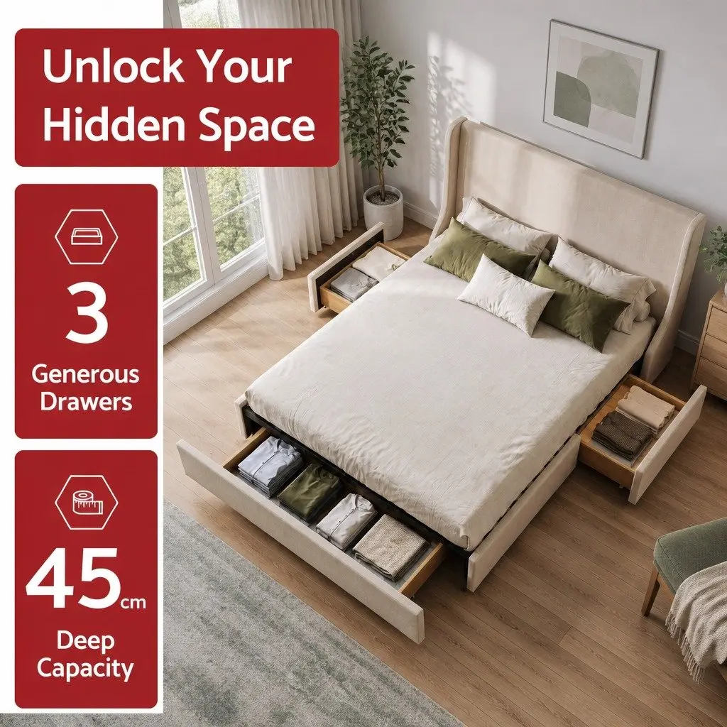 Double Upholstered Bed Frame Wingback Headboard with 3 Storage Drawers Metal and Wood Construction Beige