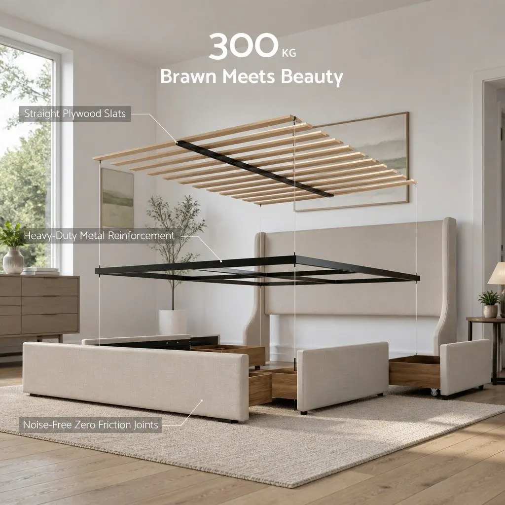 Double Upholstered Bed Frame Wingback Headboard with 3 Storage Drawers Metal and Wood Construction Beige