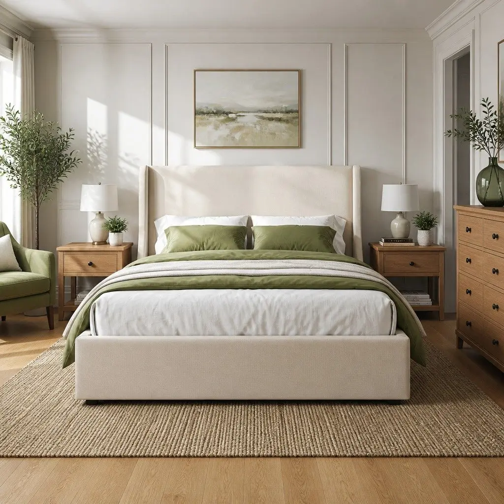 Double Upholstered Bed Frame Wingback Headboard with 3 Storage Drawers Metal and Wood Construction Beige