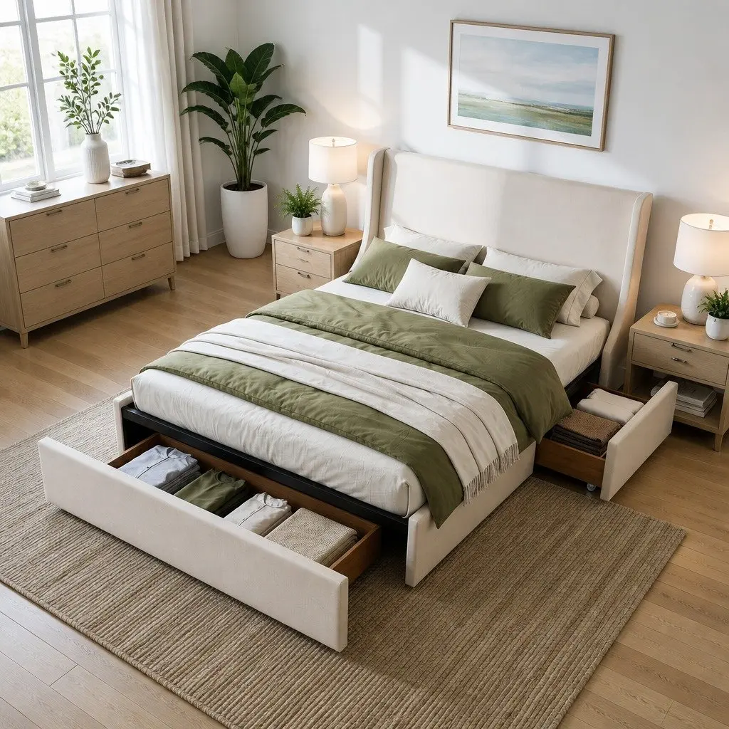 King Upholstered Bed Frame Wingback Headboard with 3 Storage Drawers Metal and Wood Construction