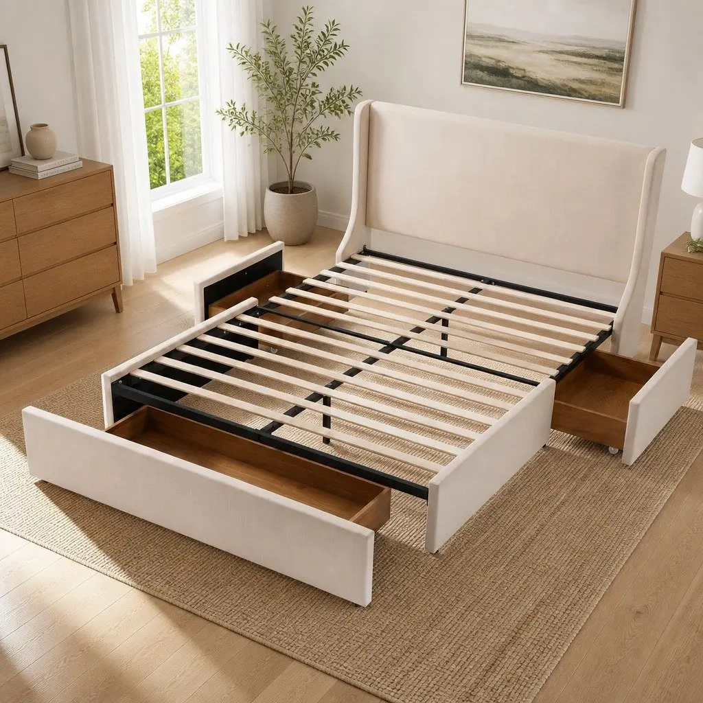 King Upholstered Bed Frame Wingback Headboard with 3 Storage Drawers Metal and Wood Construction