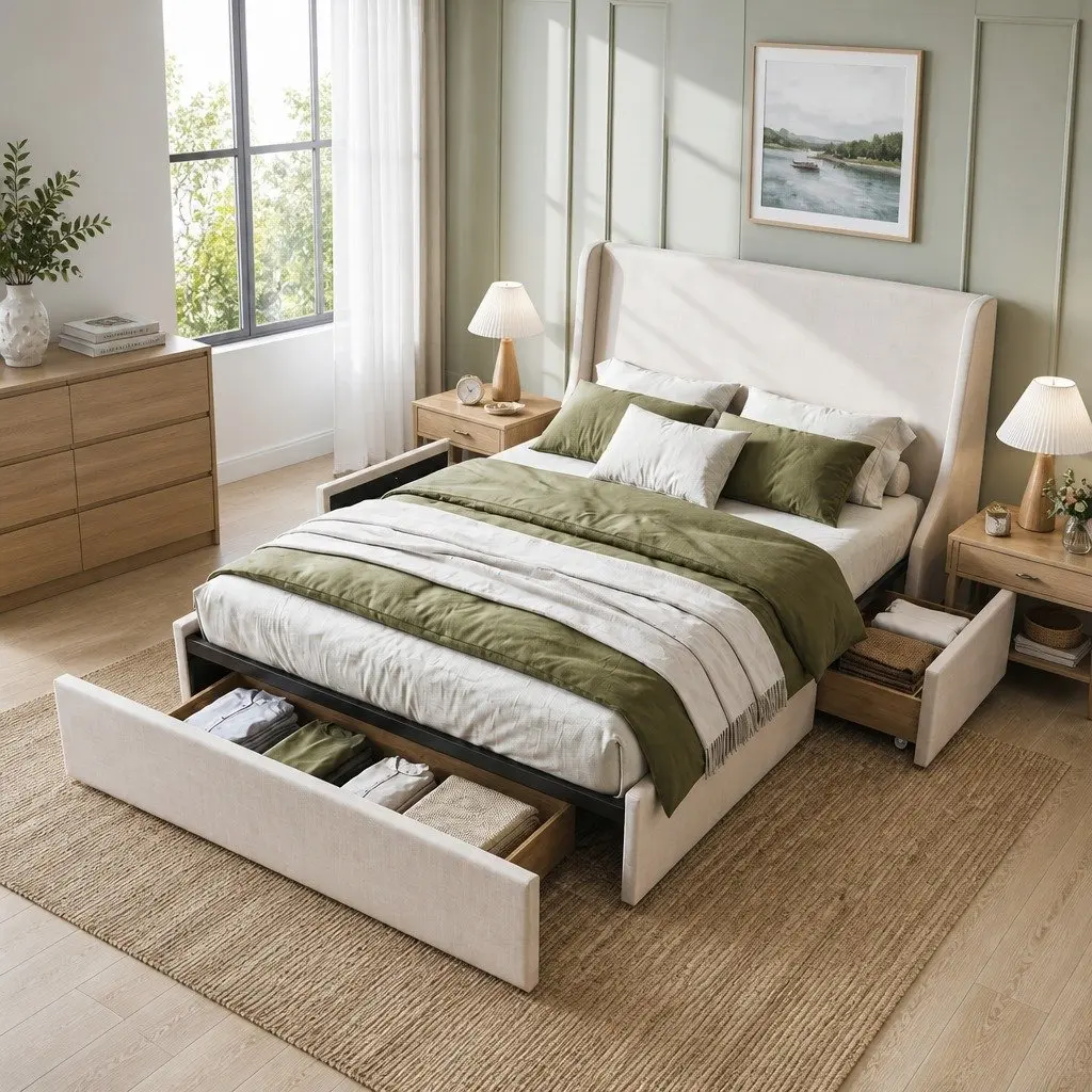 King Upholstered Bed Frame Wingback Headboard with 3 Storage Drawers Metal and Wood Construction