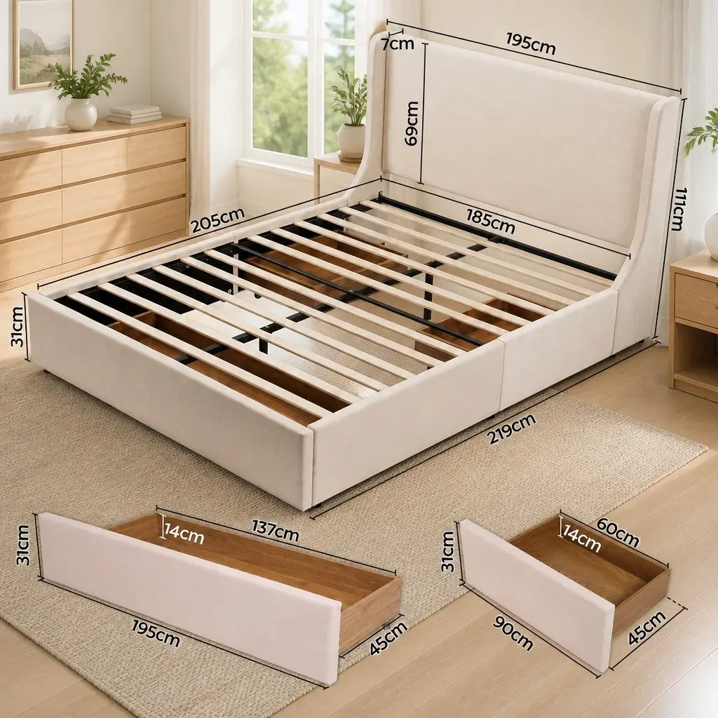 King Upholstered Bed Frame Wingback Headboard with 3 Storage Drawers Metal and Wood Construction